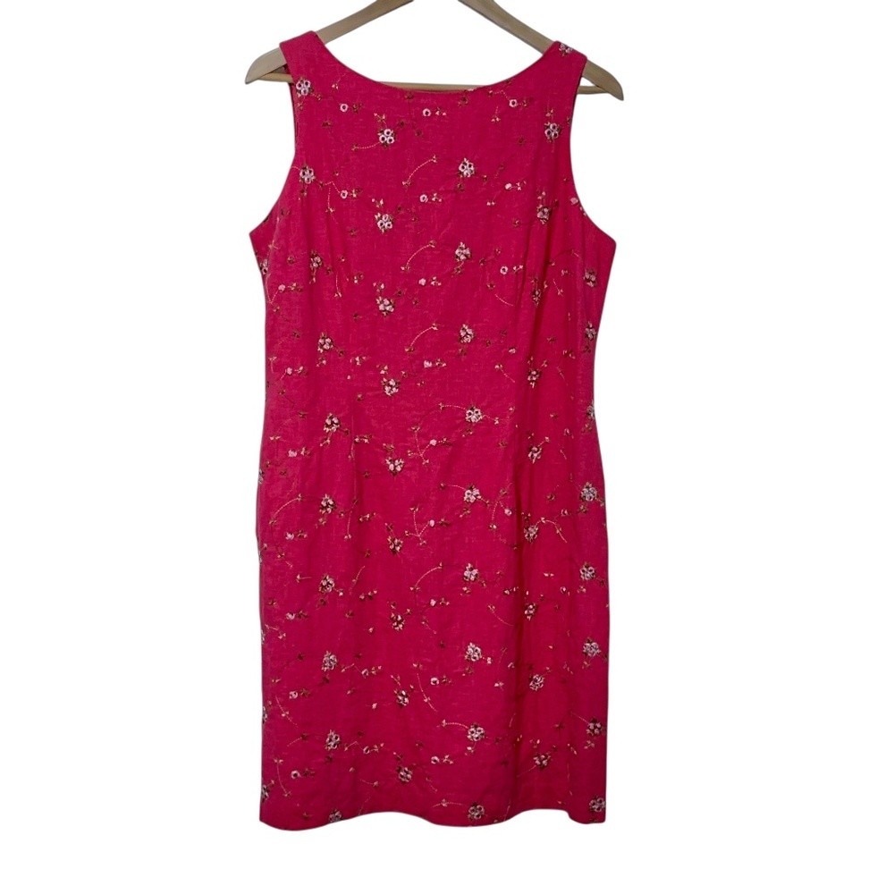 Dressbarn Womens Linen Blend Dress Size 12 Floral Embroidered Sleeveless Pink